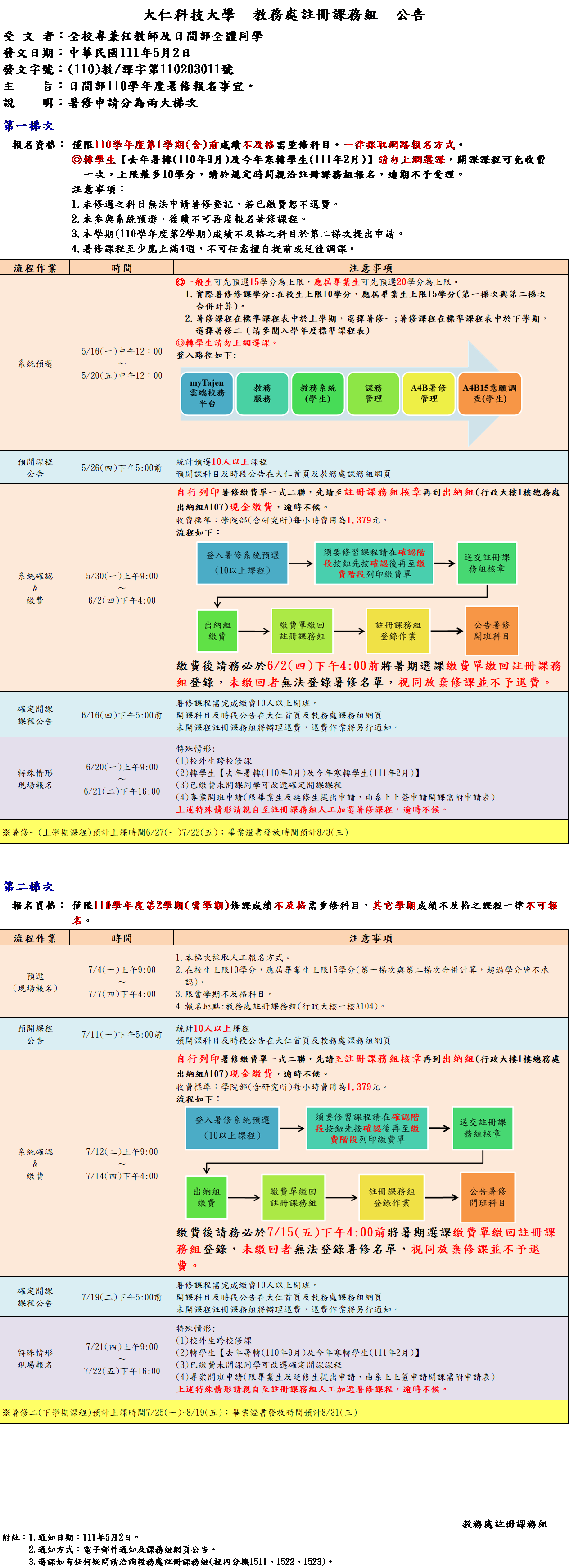日間部110學年度暑修報名事宜